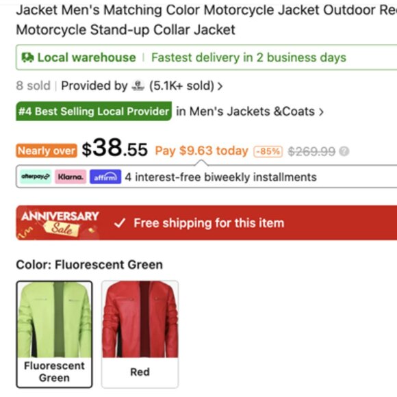 Bright Green Pleather/PU Leather Jacket - Picture 3 of 5